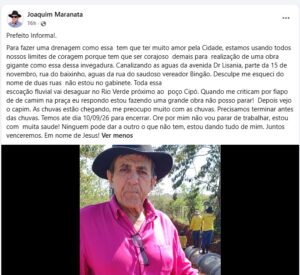 Publicação do prefeito Joaquim Candido Filho (Maranata) no Facebook em 12/08/2026.